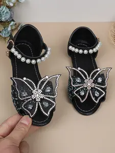 Girls' Baby Flat Shoes with Crystal Embellishments, Sparkling Bow Decorated Princess Shoes, Perfect for Spring and Autumn Wear