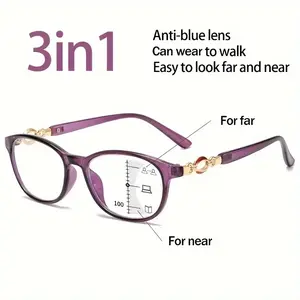 Women's Elegant 3-in-1 Progressive Multifocal Eyeglasses, Anti-Blue Light Full-Rim Oval Frame, Polycarbonate Lens, Single Item for Farsighted Vision (+1.0 to +4.0), Purple BA1090146