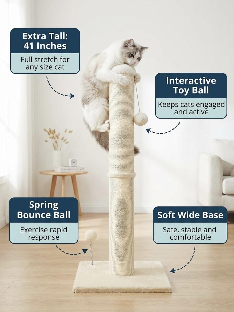 Pawrino Tall Cat Scratching Post – Sisal Scratching Post for Indoor Cats, Stable Base, Full Sisal Coverage, Replaceable Toy Wand