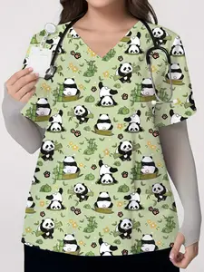 Cute Panda Print V Neck Short Sleeve Medical Top Nurse Uniform Tops, Comfortable Workwear for Nurses & Healthcare Professionals, Casual Daily Wear Uniform