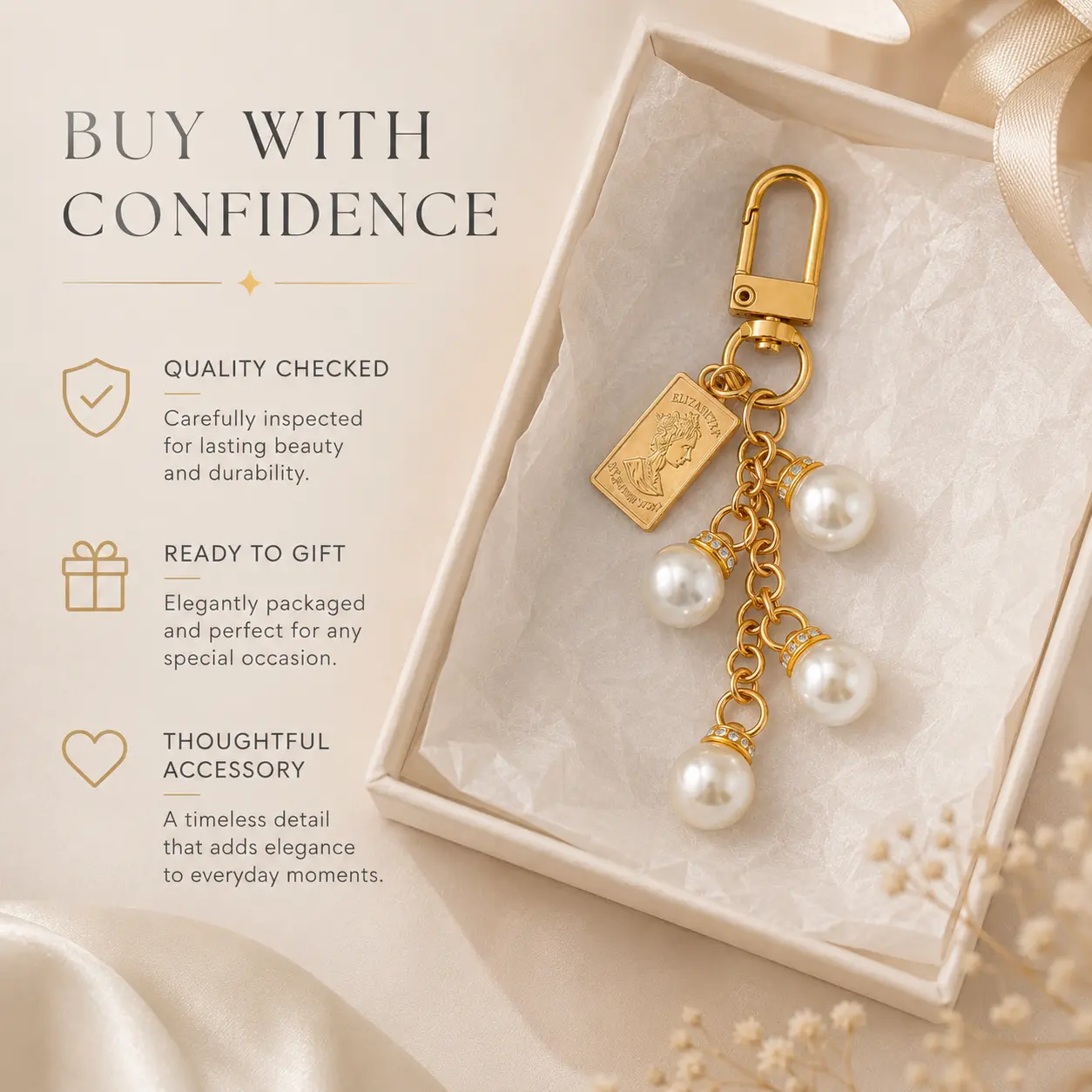 Women's Feminine Gold-Tone Plated Alloy Pearl-Look Keychain Bag Charm - 4-Bead Dangle, Rectangle Coin-Look Pendant, Swivel Lobster Clasp, Gentle Movement, Elegant Accessory for Handbag, Car Keys, Birthday Gift, Happy Birthday