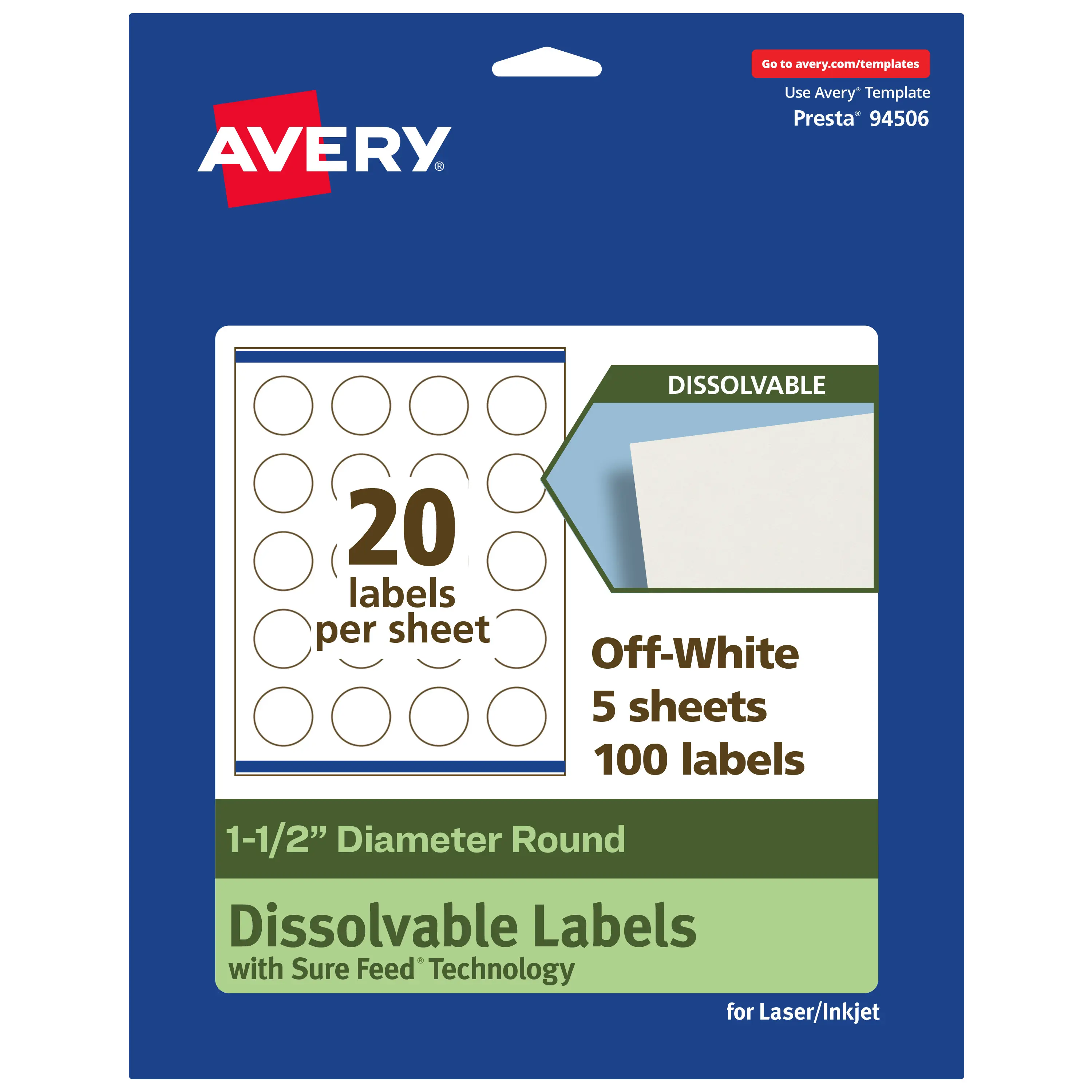 Avery Eco-Friendly Dissolvable Adhesive Labels & Stickers, 1.5" Diameter Round Custom Labels & Stickers for Laser/Inkjet Printers, Business Use, Easy Cleanup