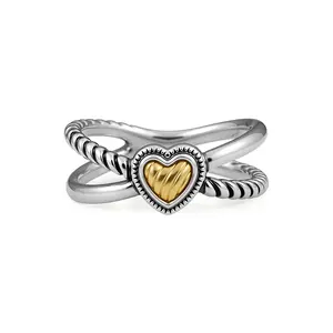Aprilery Romantic Dual Tone Crossover Heart Ring – Modern Layered Look with Twisted Cable and Smooth Band Design for Everyday Elegance