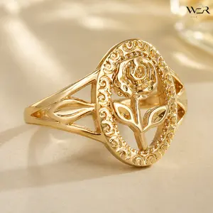 Gold Rose Flower Ornate Oval Frame Split Shank Vintage Style Polished Ring for Women Girls Everyday Romantic Wear Gift