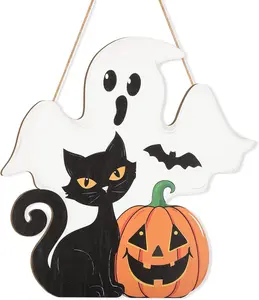Halloween Decoration Wooden Ghost Door Halloween Wreaths for Front Door Sign Wall Signs Decor, Pumpkin Black  Wreath Sign Hanging for  Wall Decor Outdoor Indoor Farmhouse Party