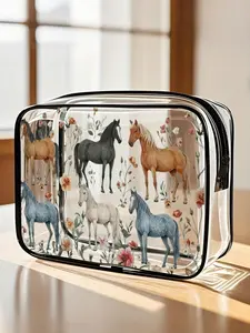 Horse Theme Floral Cosmetic Organizer Bag, Zipper Closure, Transparent Makeup Pouch, Travel Pencil Case, Ideal Gift, Easy Clean, Portable