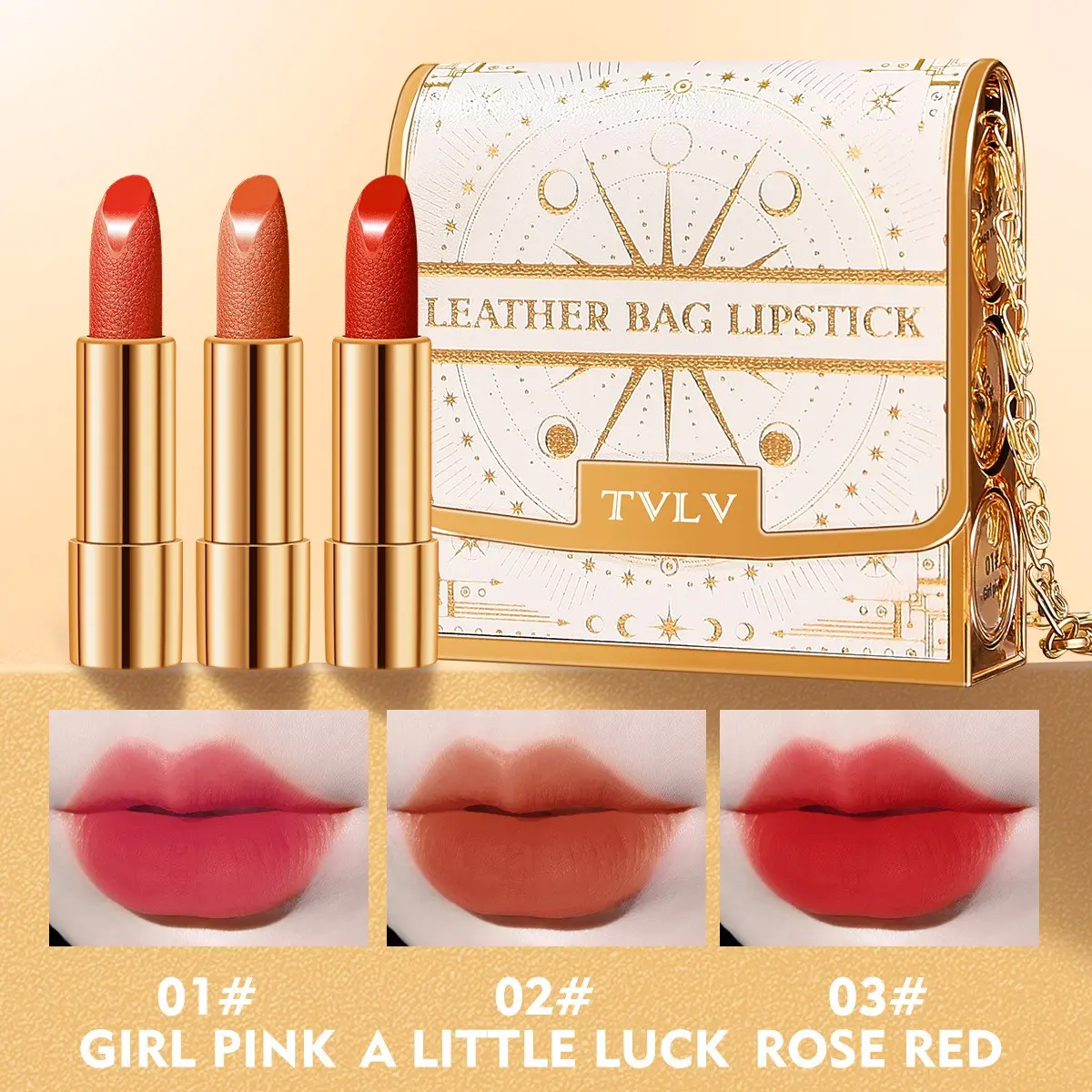 Creamy Matte Lipstick Set (3 Shades) with Gold Chain Bag, Lip Products Makeup, Velvet Texture, Intensely Pigmented, Waterproof & Long-lasting, Perfect Makeup Gift Box