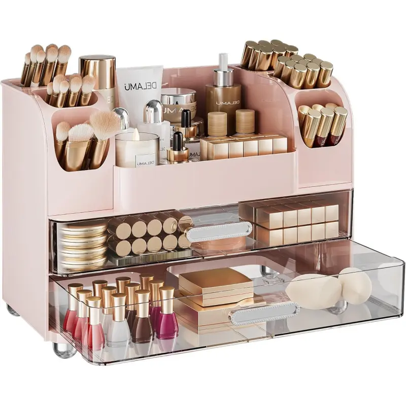 Large Makeup Organizer Countertop with 6 Brush Holders, Makeup Organizers for Vanity with 2 Large Drawers, Easy to Store Skincare, Lipsticks, Nail Polishes, Perfumes, Eyeshadow Palettes, Cosmetic Holder, Makeup Organiser