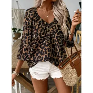Women's leopard print V-neck loose chiffon top with mid sleeves, fashionable and casual style, suitable for daily outings, dates, vacations, etc. Bohemian style shirtRAIMENTRY