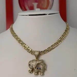 (25) (1) 14K Gold Plated Elephant Pendant with Rhinestone for Women with 22in Spanish Chain