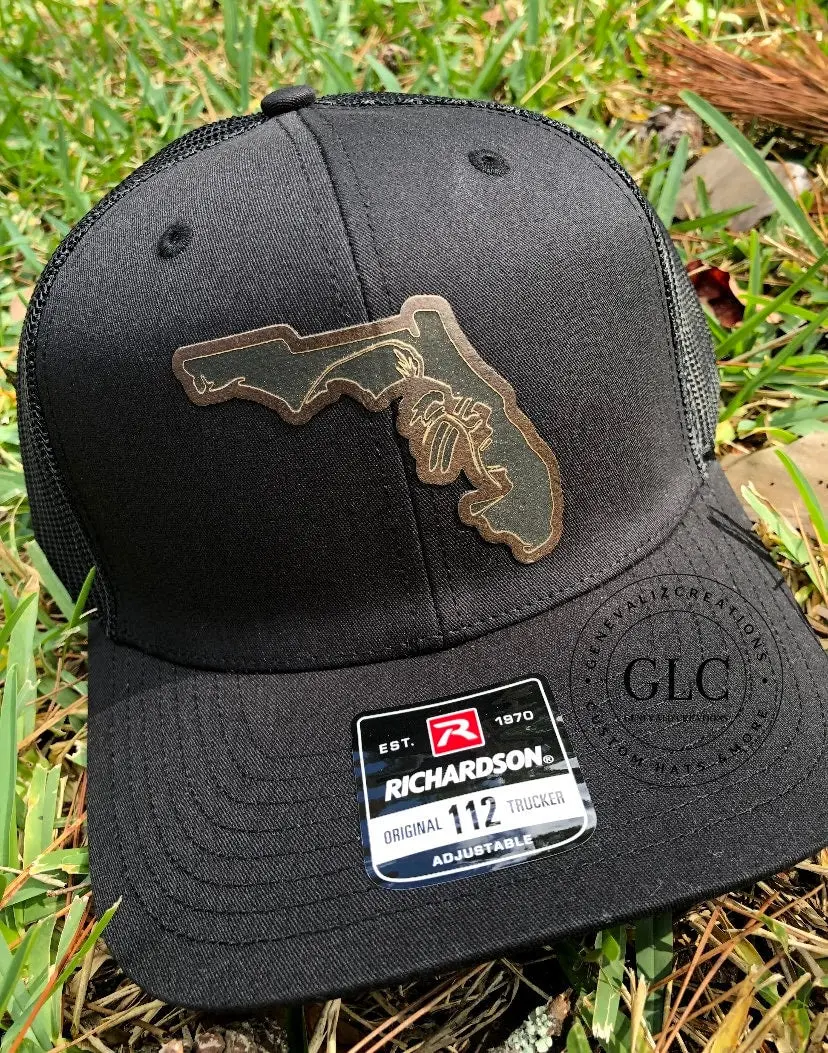 Seminoles Richardson 112 Trucker Hat w/ brown and gold Leatherette Patch- Black Hat