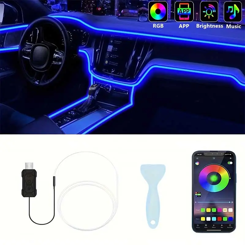196 Inch RGB USB Ambient LED Lighting Kit Cuttable Car Interior Light Strip 8 Colors App Control Fiber Optic Music Sync Rhythms For Doors Consoles Dashboards Neon Strip Truck Stuff Starlightcarroof Ambientlightingcar Rock Lights