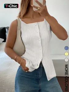 Women's Solid Color Knitted Tank Top, Casual Sleeveless Ribbed Minimalist Top for Summer, Ladies Clothes for Daily Wear, Basic Womenswear, Breathable Sleeveless Tops