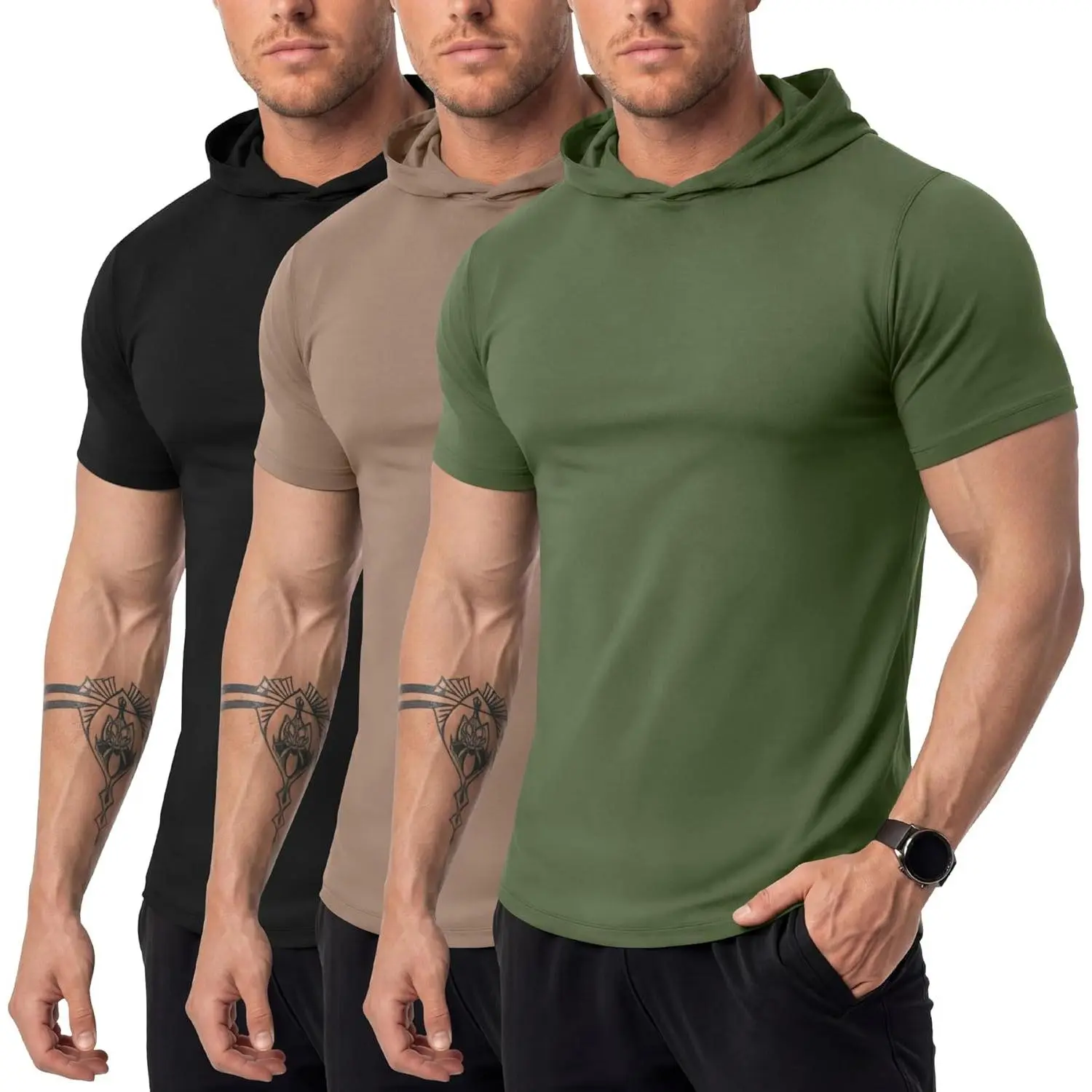 Evervibe 3 Pack Men's Hoodies Short Sleeve Workout Pullover Slim Athletic T Shirts Summer Casual Lightweight Sweatshirts