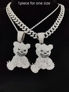 Unisex Punk Style Bear Pendant Necklace, Rhinestone Decor Cuban Chain Necklace, Jewelry for Party, Daily Decor, Bling Accessory, Birthday Gift, Valentine's Day, Cuban Link Chain, Rhinestone Decorated Necklace, Necklaces Men, Statement Necklace