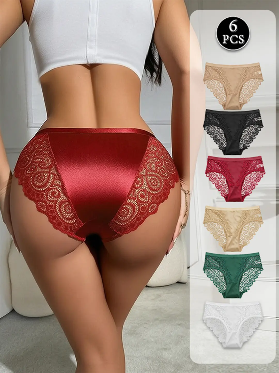 6-Pack Women's Lace Floral  Briefs Set- Breathable Silk Smooth Panties Mid Rise Scalloped Trim Underwear Pack,Secure Fit, S-XL, Everyday, Soft, Breathable, Stretchy, Durable, Ultra-Soft, Ultra-Soft Fit