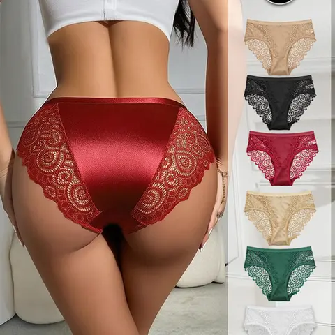 6-Pack Women's Lace Floral  Briefs Set- Breathable Silk Smooth Panties Mid Rise Scalloped Trim Underwear Pack,Secure Fit, S-XL, Everyday, Soft, Breathable, Stretchy, Durable, Ultra-Soft, Ultra-Soft Fit