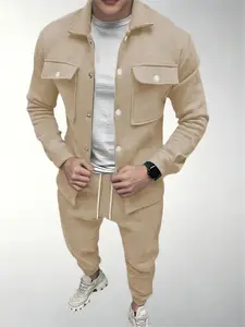 Men's Fashion Solid Color Pocket Open Button Collar Jacket and Solid Color Tethered Pants Set