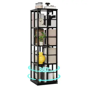 Garvee Estantería giratoria de 4 niveles para espacios pequeños, estantería giratoria de 360° con diseño de esquina, organizador de almacenamiento giratorio de madera y estante de exhibición para sala