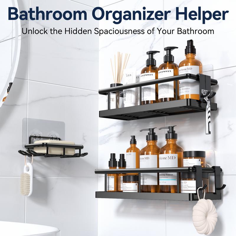 3/5 Wall-Mounted Shower Caddy Organizer Rack Set, No Drill Holder, Self Adhesive Black Basket, Bathroom Home Accessories Storage, Farmhouse Wall Inside Organization Decor, Hanging Kitchen Skincare,Removable Shelf Drying Fathersdaygifts