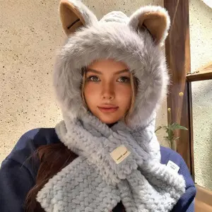 A winter warm hooded scarf with cartoon animal ears, plush knitted neck scarf, elastic moisture-wicking hood, cute and thick gift for women - Hat Scarf