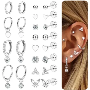 Ladies' earrings, 316L stainless steel flat back earrings, gold and silver ring stud earrings, hypoallergenic, suitable for multiple punctures