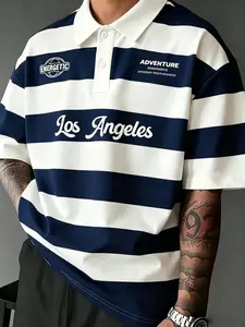 Men's Casual Short-Sleeve Polo Shirt, Stripe Graphic Loose-Fit Design, Unique Earth Logo & La Script, Perfect for Daily Wear & Street Style