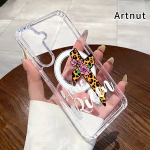 Leopard Cross Resurrection Pattern Magnetic Phone Case for Samsung Galaxy S26 Edge S23 Ultra S24 Plus FE S25 S22+ Non-Yellowing Clear Crystal Drop-proof Slim Silicone Shockproof Transparent Acrylic Large Hole Cover Supports Wireless Charging