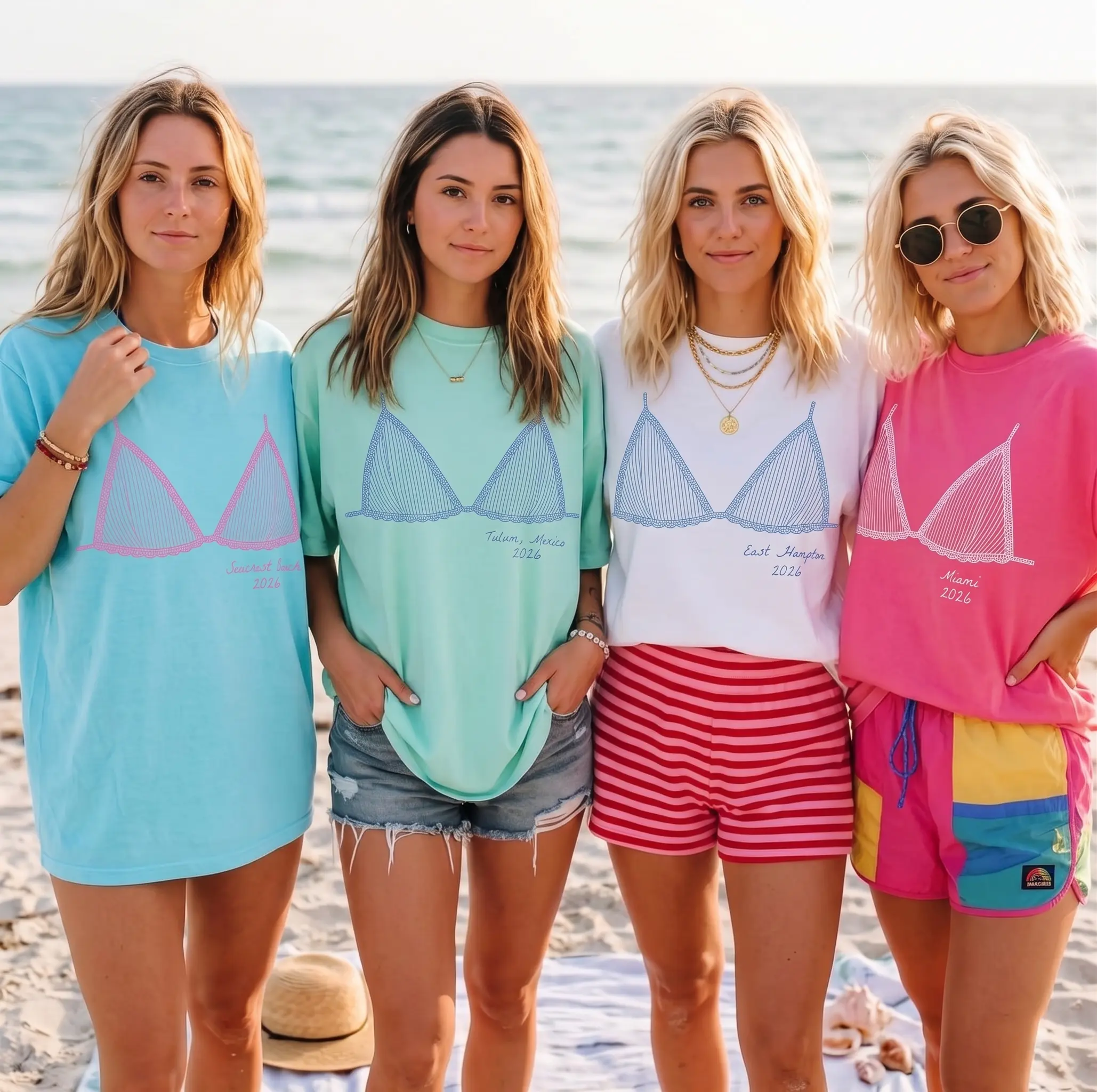 RodyThread Custom Bikini Trompe L'oeil Oversized T-Shirt Graphic Tee Women Coastal Preppy Y2K Coquette Summer Vacation Cream Cotton Blend Personalized Beach Cover Up Funny Novelty Top Fake Bra Print Bachelorette Party Trip