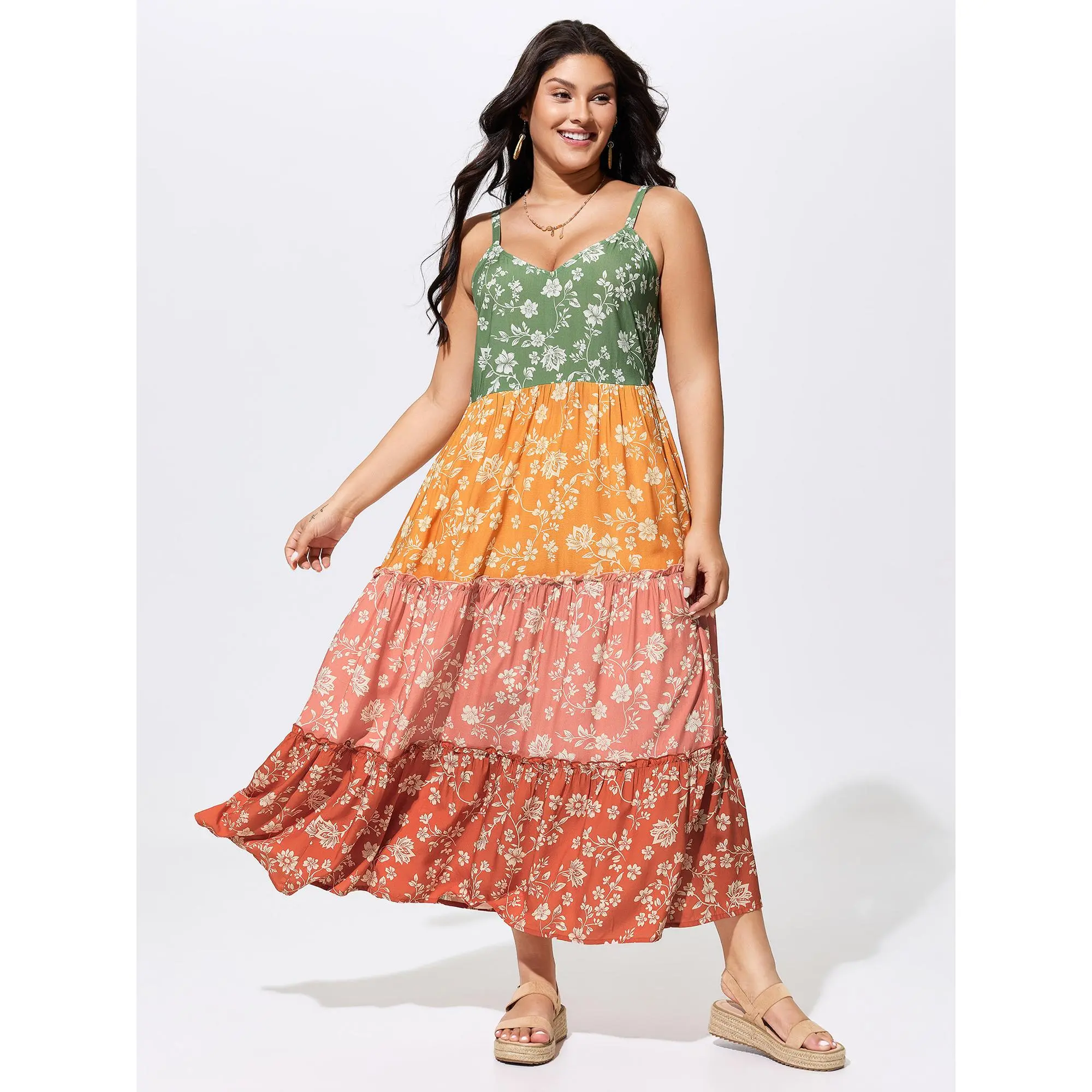BloomChic Women's Plus Size Multicolor Bohemian Ditsy Floral Colorblock Rayon Maxi Dress - Sleeveless Cami, Summer Casual, Side Pockets, Cold Wash, Low Iron, Smooth, Curvy Clothing, Hippie Style, Boho Dress, Plus Size Casual Dresses