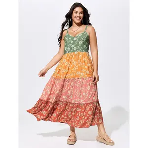 BloomChic Plus Size Bohemian Ditsy Floral Colorblock Cami Maxi Dress, Casual Sleeveless Smooth Rayon Garment with Side Pockets Boho Chic Style Multicolor