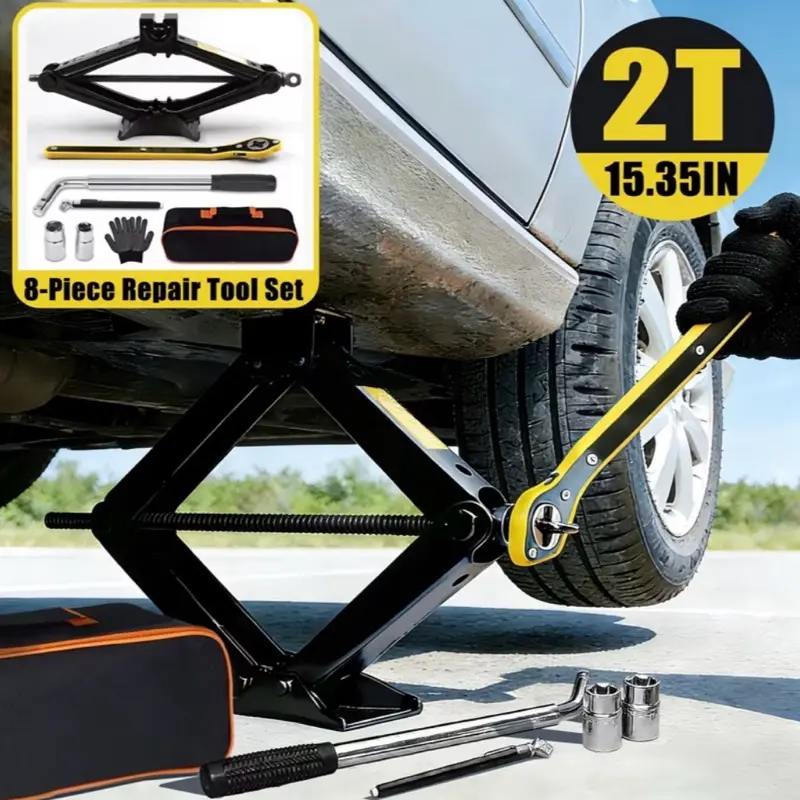 8-in-1 Emergency Car Repair Kit: 2T Scissor Jack, Telescopic Lug Wrench, and Tire Pressure Gauge