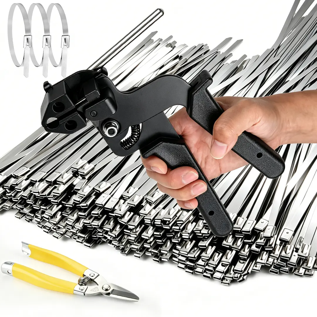 Tie Gun Kit, Specialized Tool For Tightening And Cutting Stainless Steel Cable Ties, Comes With 200 Pcs Of Uv-Resistant Heavy-Duty Metal zip Ties And Industrial Scissors.
