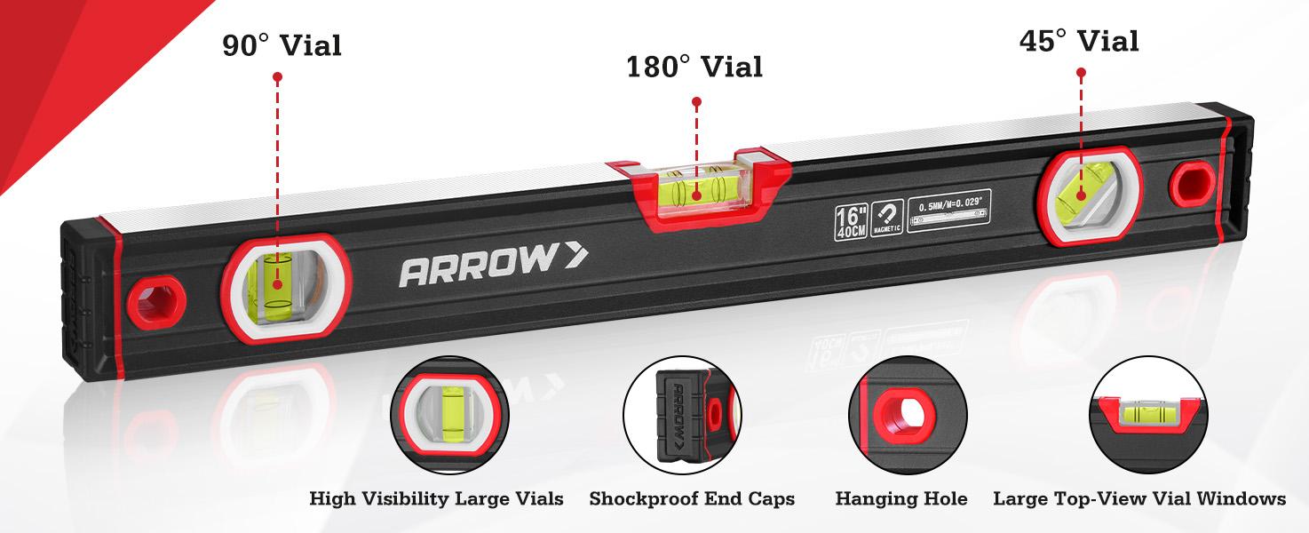 #backtoschool ARROW 16-Inch Level, Magnetic Torpedo Level with 45°/90°/180° Bubbles, Aluminum Alloy Body, Precision-Machined Base, Shockproof Rubber End Caps, V-Groove & Hanging Hole for Construction, Carpentry