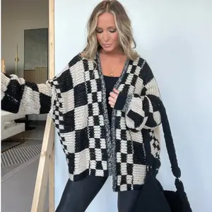 Women'sFallCasualLongSleeveOpenFrontChunkyKnitCheckeredCardiganSweaterforOutdoorWear