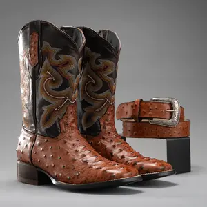 Men's Western Boots: Combo Ostrich Print Square Toe Cowboy & Rodeo Boots