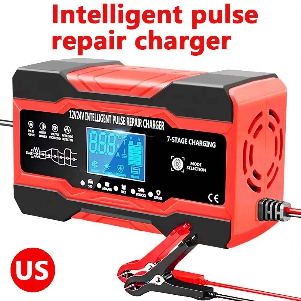 12V-24V Fully Automatic Pulse Repair Charger, Intelligent Fast Charging Automotive Car Battery Charger, Digital Display Battery Charger for Dry & Wet Lead-Acid Battery
