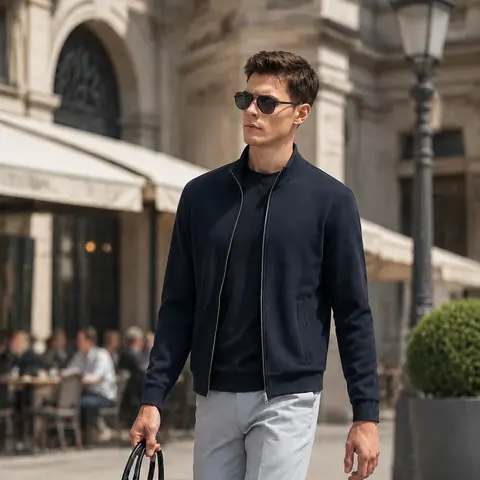 Boeveme Men's Full-Zip Jacket - Breathable Modal Cotton-Spandex Cotton Blend, Soft Stretch Stand Collar, Drapey Layerable Top, Business-Casual Trouser-Matching Lightweight Outerwear