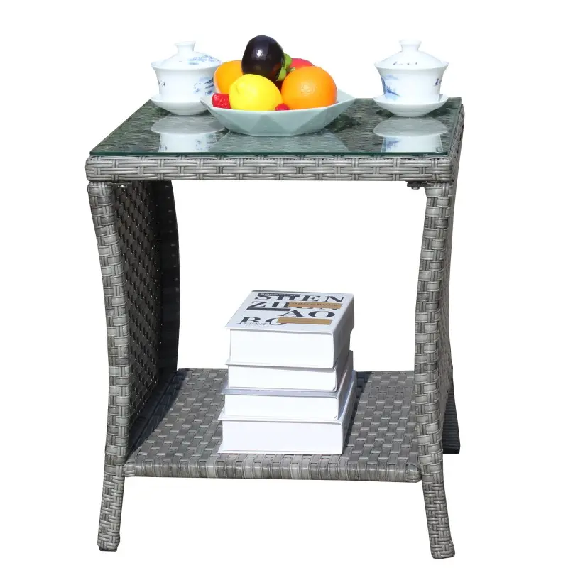 Wicker Side Coffee Table Outdoor Storage Bistro Table Patio Furniture Square End Tabs Garden Table Brown 19.25x19.25x21inch PE Rattan Steel Tempered Glass