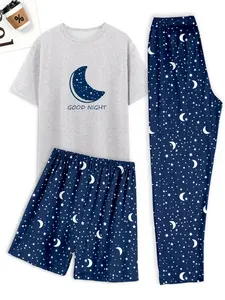 Men's Casual Homewear Sleepwear Set, Sun Moon Print Short Sleeve T-Shirt and Shorts, Comfortable Summer Wear, Fitted Style