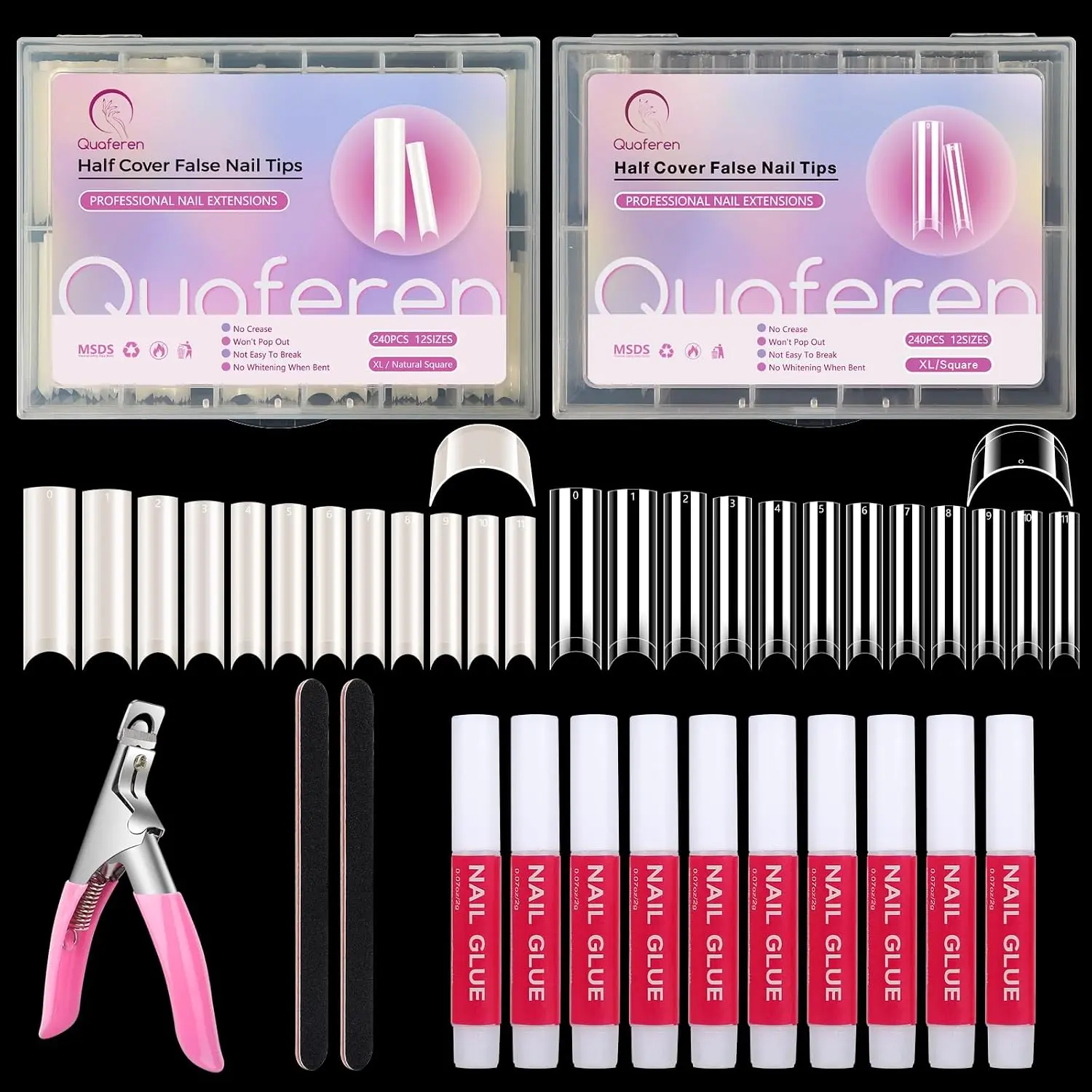 480PCS Extra Long C Curve Square Nail Tips with Glue, Half Cover, 12 Sizes | 2 Packs Straight Natural & Clear, ABS, 2-3 Weeks Wear, Easy Trim/Paint/Apply, Sizes 0-11, 2 Nail Files, Acrylic Nail Clipper