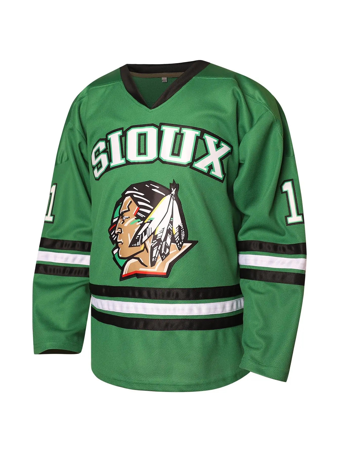 Retro Green Ice Hockey Jersey Long Sleeve Streetwear Graphic Print Casual Sports Number 11 Varsity Text V-Neck Oversized Sweater Men Women Activewear Unisex Breathable Game Day Uniform