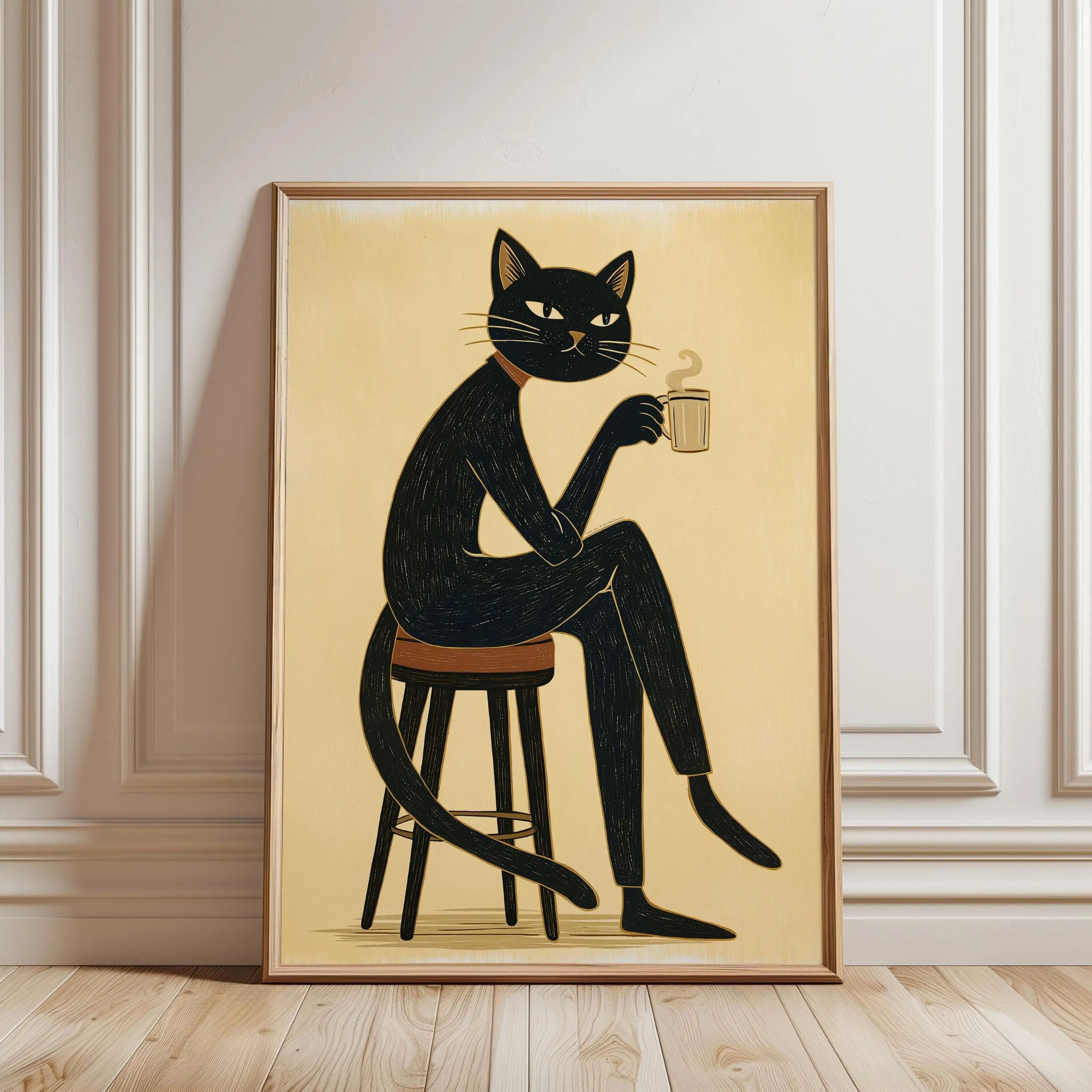 [SALE UP TO 40%] [Unframed] Black Cat Coffee Print, Quirky Kitchen Decor, Coffee Bar Art, Mid Century Inspired Kitchen Print