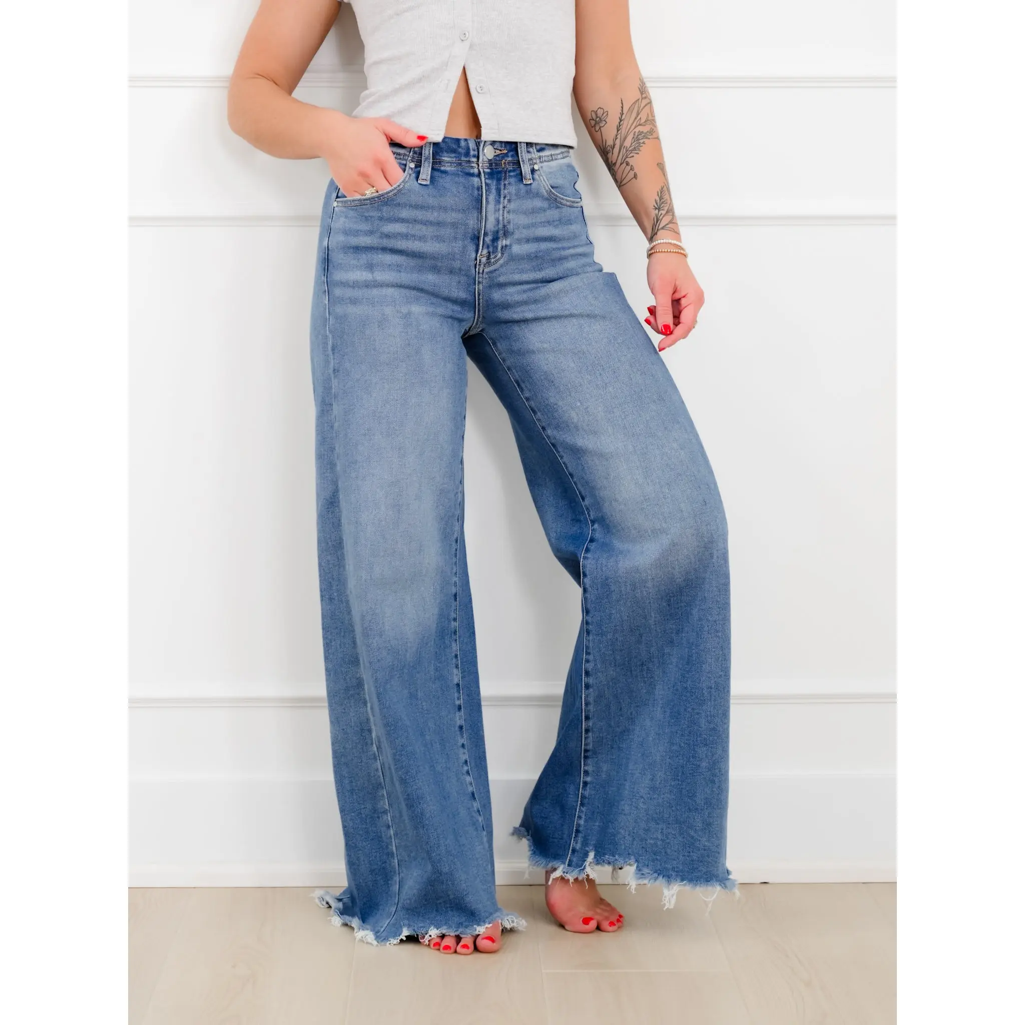 Risen High Rise Medium Wash Wide Leg Jeans