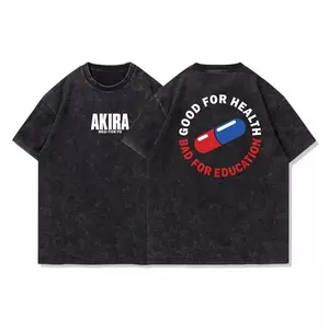 valentine shirts Vintage Anime Akira Tokyo Pills Washed Old Heavy Cotton Loose Short Sleeve T-Shirt High Street Fashion