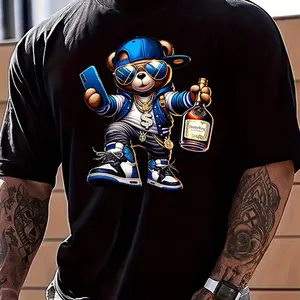 Men's Summer Pure Cotton T-shirt Fashionable Casual Loose Cartoon Bear Printed Sports Round Top