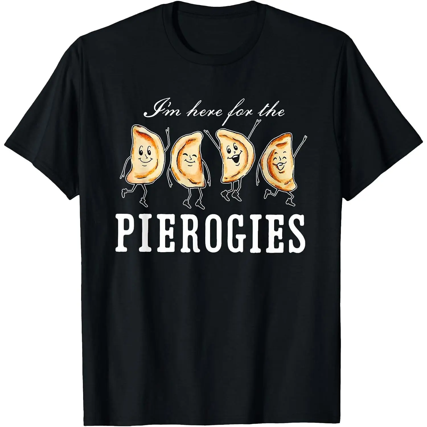 Women's 100% Cotton Short-Sleeve Graphic T-Shirt - Humorous "I'm Here for the Pierogies" Print, Distressed Round Neck, Whimsical Vintage Top, Large, Everyday Fashion, Casual