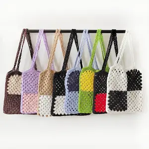 Hand-crocheted color-blocked bags, ethnic style hand-crocheted floral tote bags