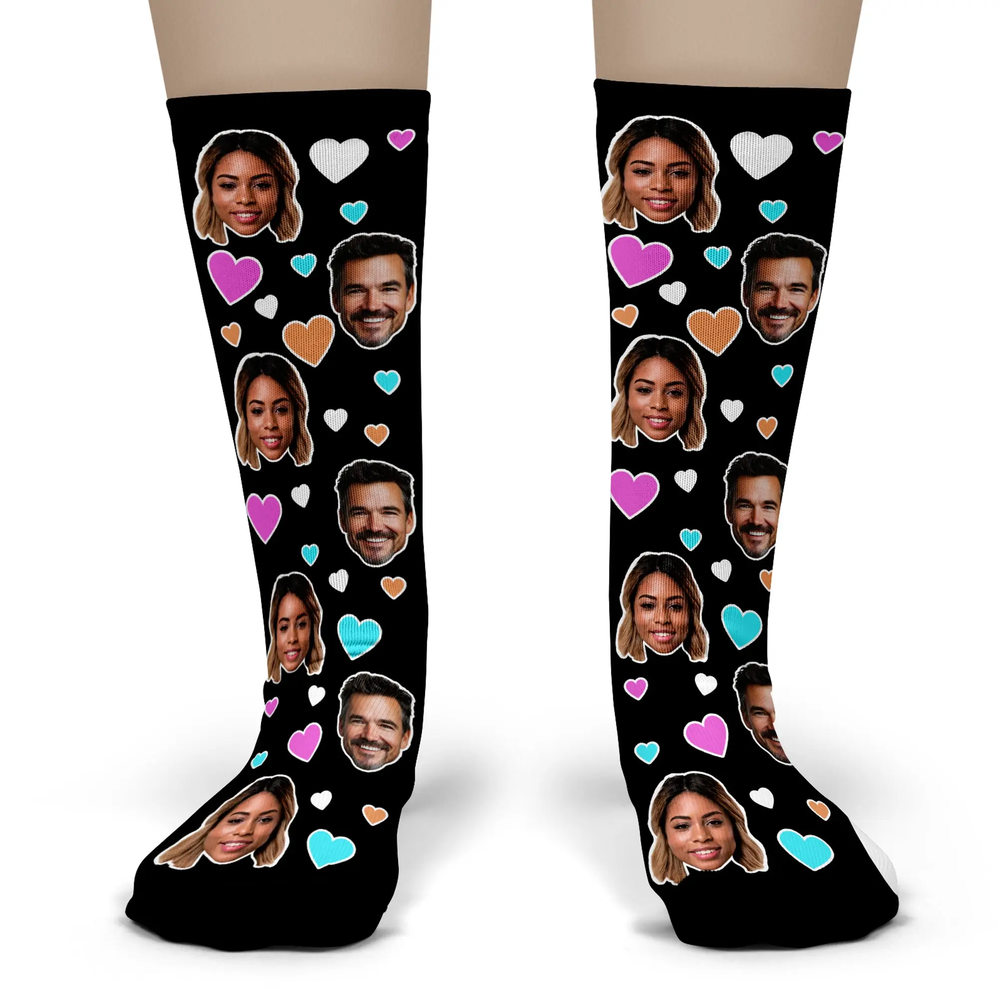 Custom Couple Photo Socks – Personalized Face Socks with Colorful Hearts