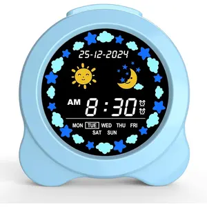 3C9-MPP026 Round Plastic Kids Alarm Clock with Sun & Moon LED Display, Day & Date, Night Light, Sleep Sounds, Sleep Trainer, Bedroom Decor, Stars, Easy-to-Use Birthday Gift for Kids